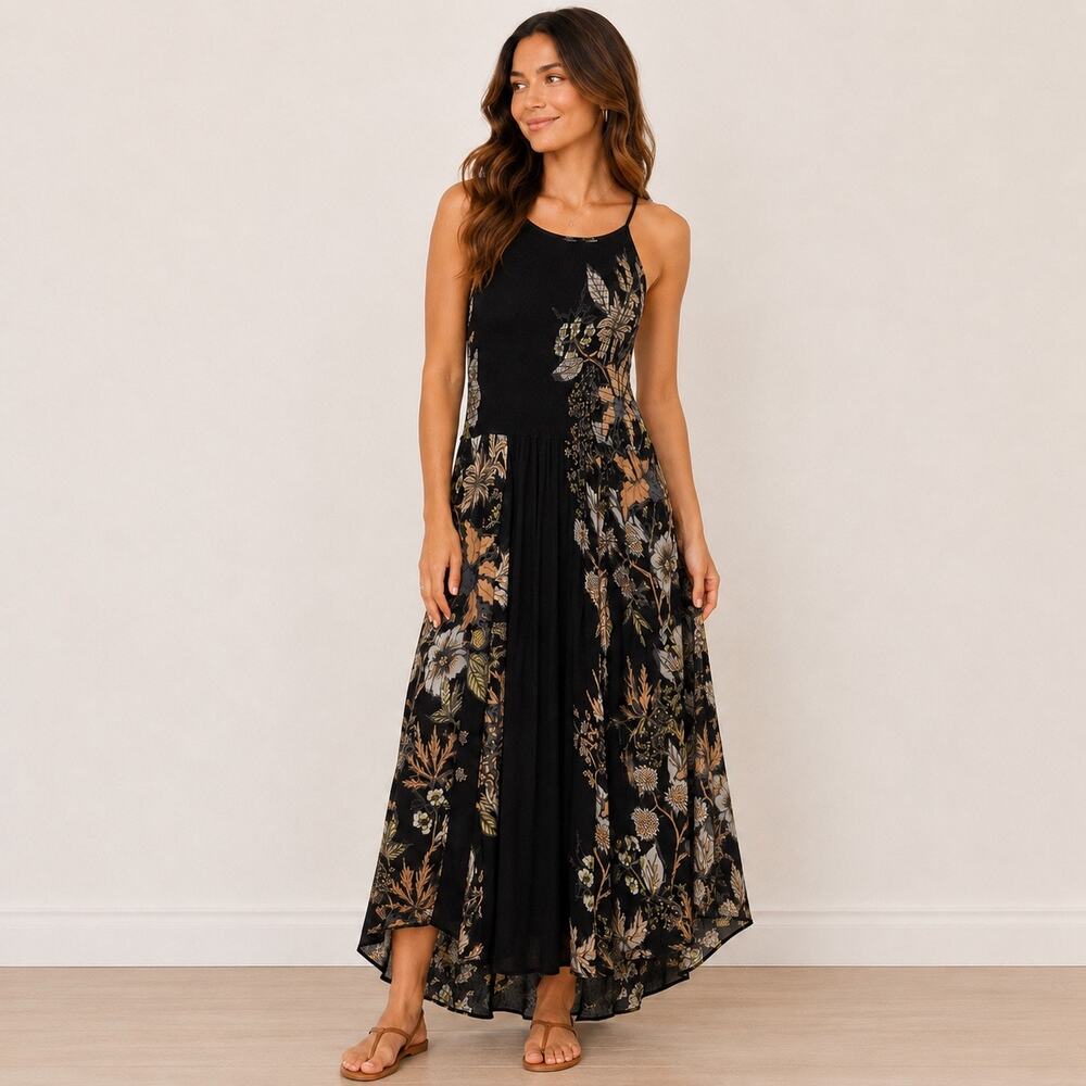Free People maxi dress boho cottagecore black and oastel pattern women M